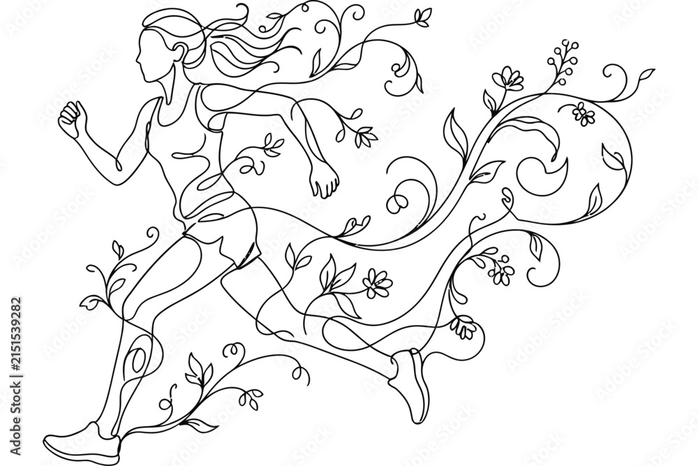 Fototapeta premium Continuous line art illustration of a woman running with floral elements.