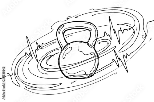 A continuous line drawing of a kettlebell surrounded by a heartbeat rhythm.