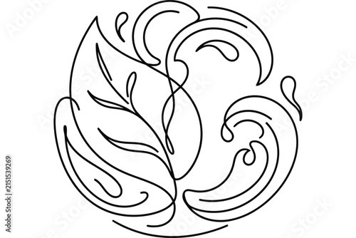 Minimalist line art illustration featuring a stylized leaf and water wave elements.