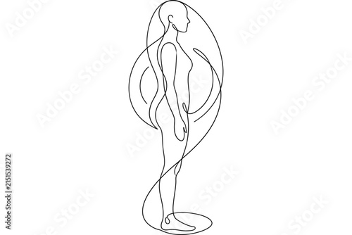Minimalist continuous line drawing of a human figure in profile.