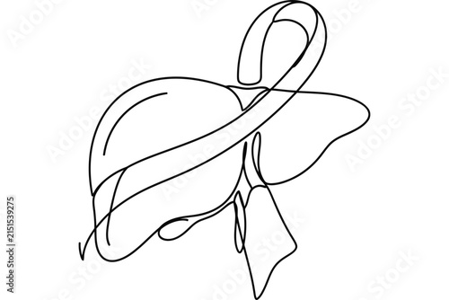 Continuous line drawing of a human liver with a medical awareness ribbon.