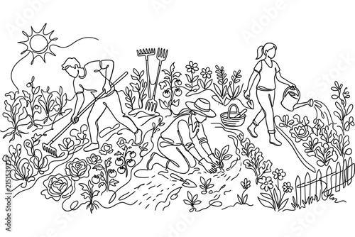 A continuous line drawing of three people working together in a vegetable garden.