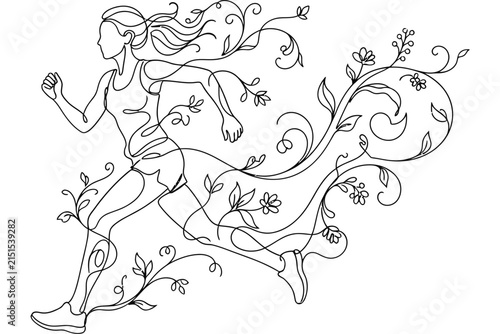 Continuous line art illustration of a woman running with floral elements.
