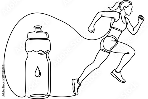 Continuous line drawing of a female runner and a water bottle.