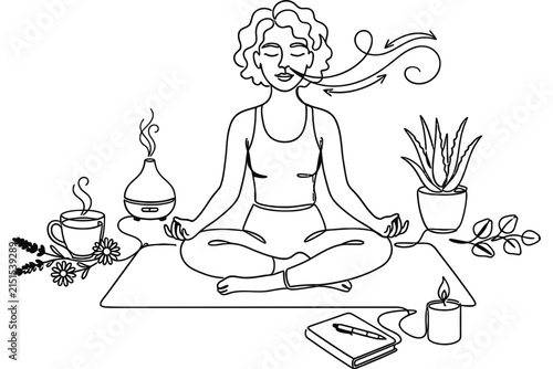 A line art illustration of a woman meditating in a peaceful setting.