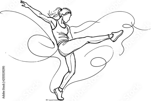 Continuous line drawing of a woman performing a dynamic athletic kick.