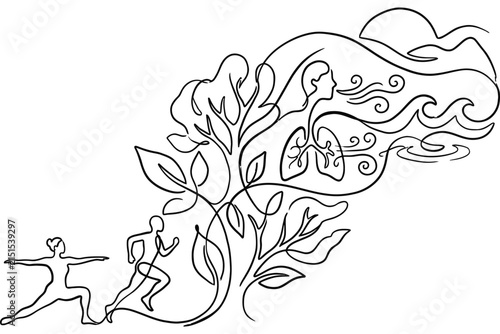 Continuous line art illustration depicting human health and nature connection.