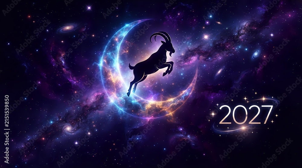 Fototapeta premium Silhouette of a leaping goat against a cosmic spiral galaxy with vibrant blue and purple nebula clouds, surrounded by stars and the year 2027 text overlay.