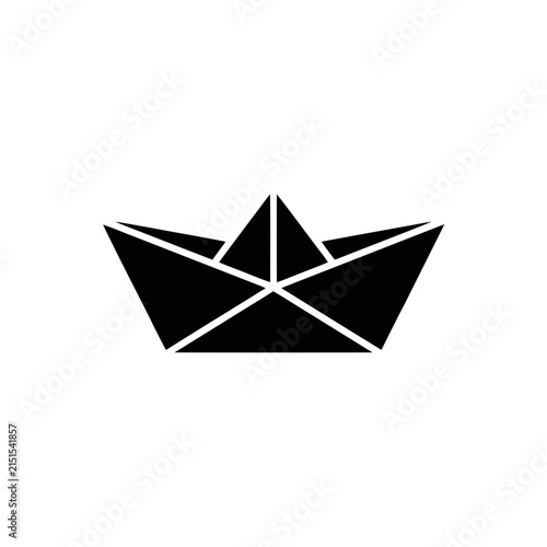 Minimalist Black Origami Paper Boat Icon on White Background
