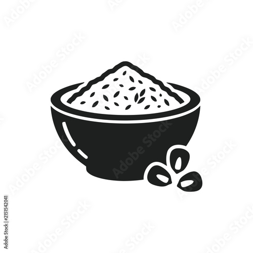 Bowl of Rice Grains Icon, Simple Black and White Illustration