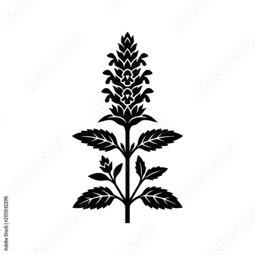 Black silhouette of a flowering plant with leaves, isolated on white background. Minimalist botanical illustration.