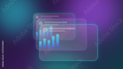 Frosted Glass UI Card Stack Rising in Depth over Indigo Violet Gradient Blob Background, Modern Glassmorphism Dashboard Motion Graphic, 4K Horizontal Tech Intro