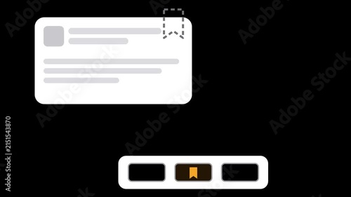 Bookmark Ribbon Save Interaction with Cursor Click and Tray Drop, Amber Flat UI Motion Graphic on Black Background for Luma Key Screen Blend Overlay, 4K