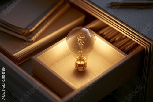 Miniature idea bulb inside an open office drawer