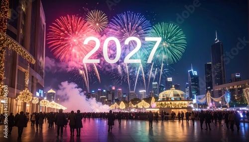Happy New Year 2027 celebration with colorful fireworks in city.