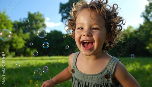 Happy toddler girl with curly hair laughing while playing with soap bubbles outdoors.