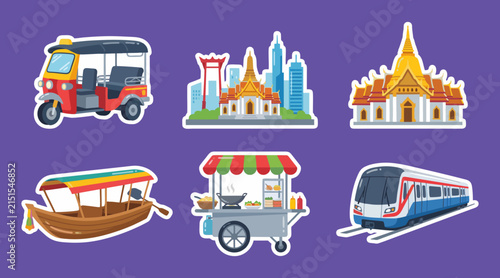 Colorful vector illustration collection featuring iconic Thailand landmarks transportation modes and vibrant street food stalls set against a solid purple background