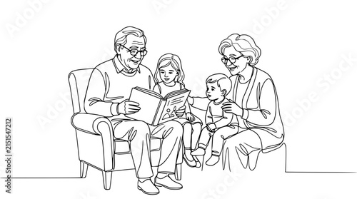 Grandparents reading a book to grandchildren, line art, isolated on white