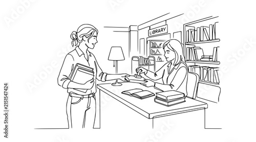 Librarian helping woman check out books at library counter, isolated illustration