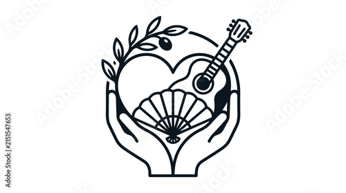 Hands Holding Heart with Guitar and Fan Vector Illustration