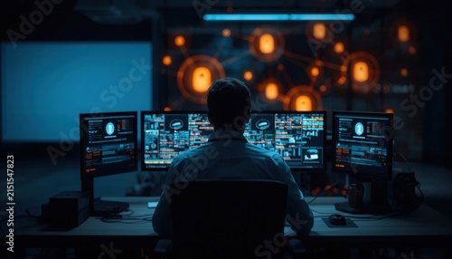 Cybersecurity Expert at Work: A focused individual works in a dimly lit control room, surrounded by multiple computer monitors displaying complex data and network diagrams.