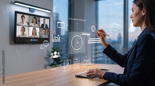 Professional woman planning remote project timeline using virtual interface icons, managing distributed team sync and collaboration hub tasks in modern home office with video