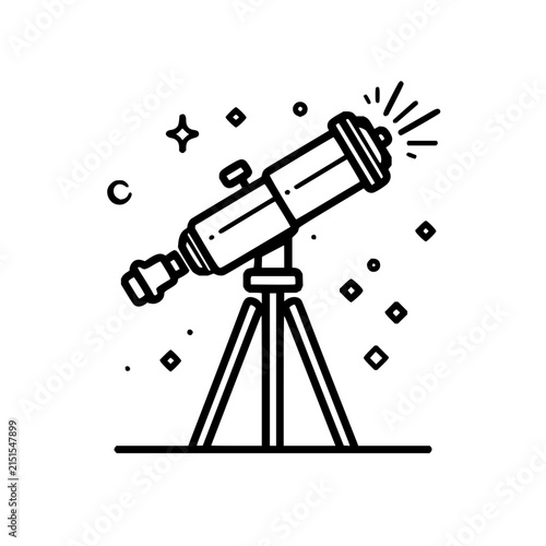 Astronomical telescope on tripod for stargazing with stars and moon in black line art style