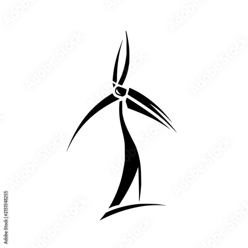 Stylized black silhouette of a modern wind turbine for renewable energy on white background