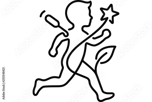 Minimalist line art illustration of a child running with a star and leaf.