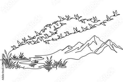 Continuous line drawing of a flock of birds flying over a mountain landscape.