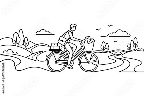 A line art illustration of a postman riding a bicycle to deliver mail.