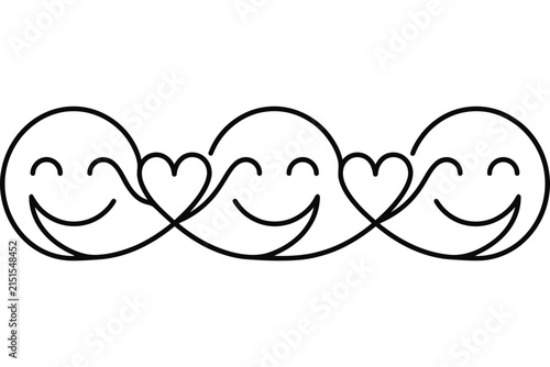 Three interconnected smiling faces with heart shapes in a continuous line art design.