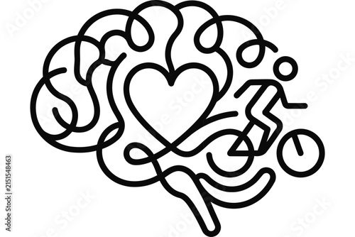 A continuous line art illustration depicting a human brain containing a heart and a cyclist.