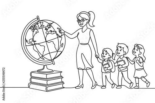 A continuous line drawing of a teacher showing a globe to three young students.