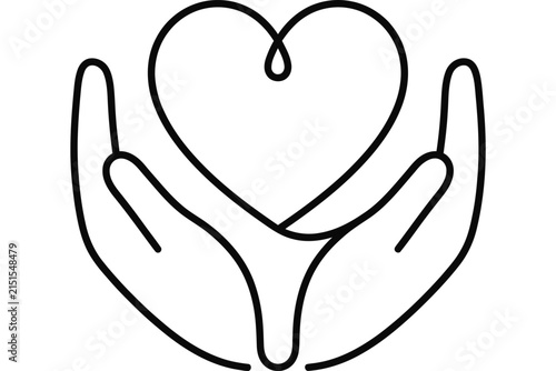 Minimalist line art illustration of two hands cradling a heart symbol.