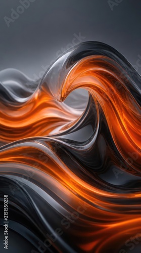 Abstract flowing orange and silver wave pattern design.