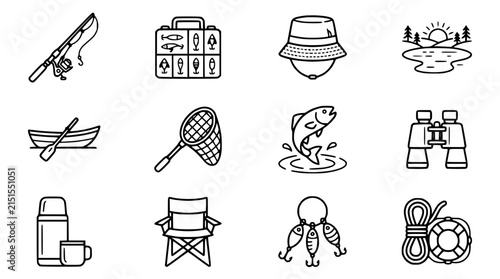 Fotografía Fishing Icons Set: Rod, Lures, Boat, Net, Fish, Binoculars, Gear, Transparent Ba