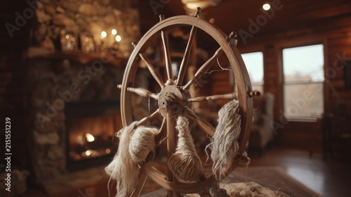 Rustic Spinning Wheel in Cozy Cabin Setting with Warm Fireplace