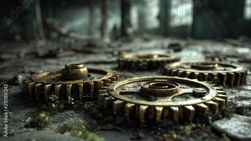 Rusty Gears on the Ground in Abandoned Industrial Setting