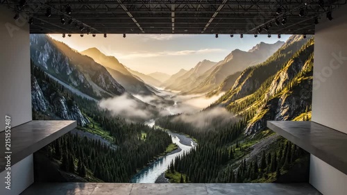 Studio stage with misty mountain backdrop and spotlights.