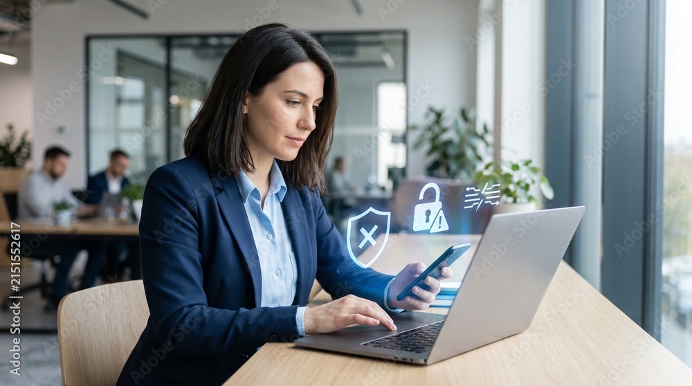 Obraz premium Focused businesswoman ensuring robust digital security for sensitive company data while utilizing her laptop and smartphone in a bright, collaborative office setting