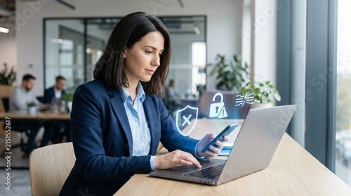 Focused businesswoman ensuring robust digital security for sensitive company data while utilizing her laptop and smartphone in a bright, collaborative office setting