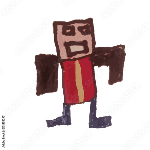 Childlike Cartoon Robot Character Drawing With Red Shirt And Blocky Arms On White Background
