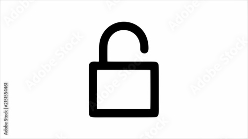 Minimalist black outline of an unlocked padlock icon representing open access security and digital protection on white background