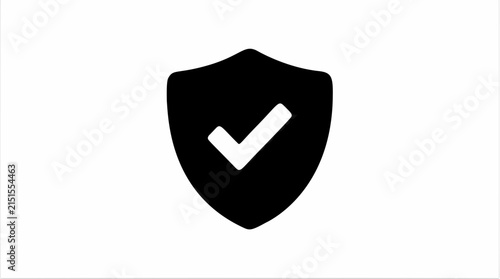 Black shield icon with a white checkmark symbolizing security, protection, and verified trust for digital interfaces