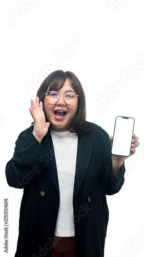 Smiling Asian Business Woman Holding Smartphone with Blank Screen and Pointing to Mobile Technology Concept