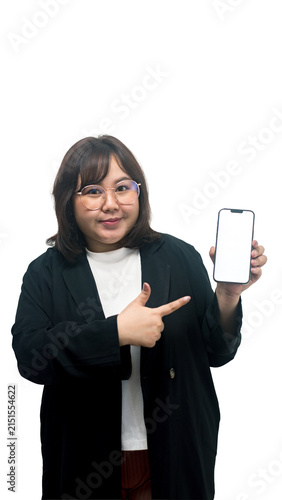 Smiling Asian Business Woman Holding Smartphone with Blank Screen and Pointing to Mobile Technology Concept