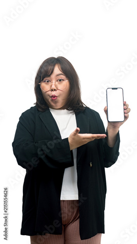Smiling Asian Business Woman Holding Smartphone with Blank Screen and Pointing to Mobile Technology Concept