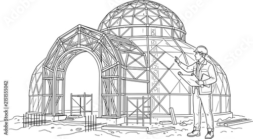 Architect Inspecting Geodesic Dome Construction Site Sketch.