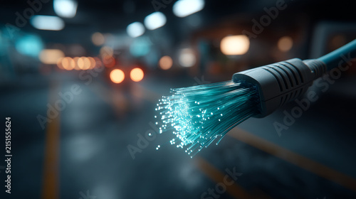 Glowing end of fiber optic internet cable on dark background with internet, bandwidth